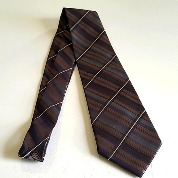 Arrow Other - Arrow Tie, Black, Brown, Grey & White Diagonal Stripes, 100% Silk, EUC